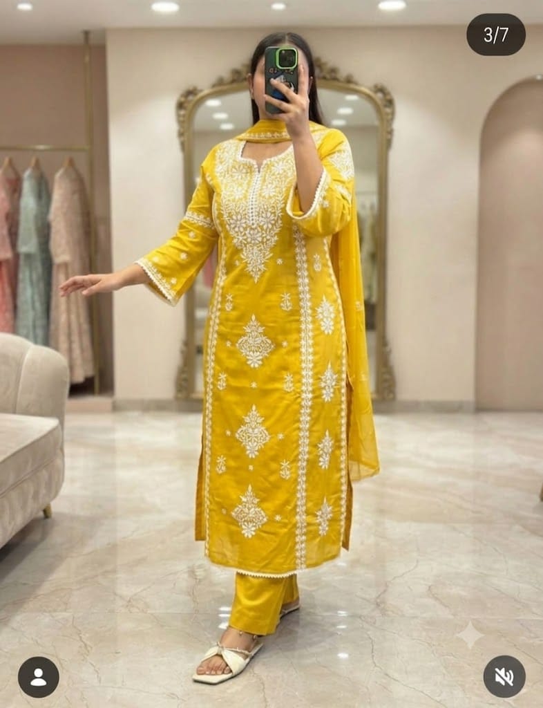 Mustard Yellow Chikankari Embroidered Cotton Suit Set for Women