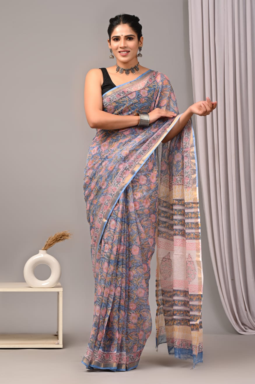 Powder Blue Kota Doriya Saree | Dense Floral Jaal Hand Block Print (BFKS63)