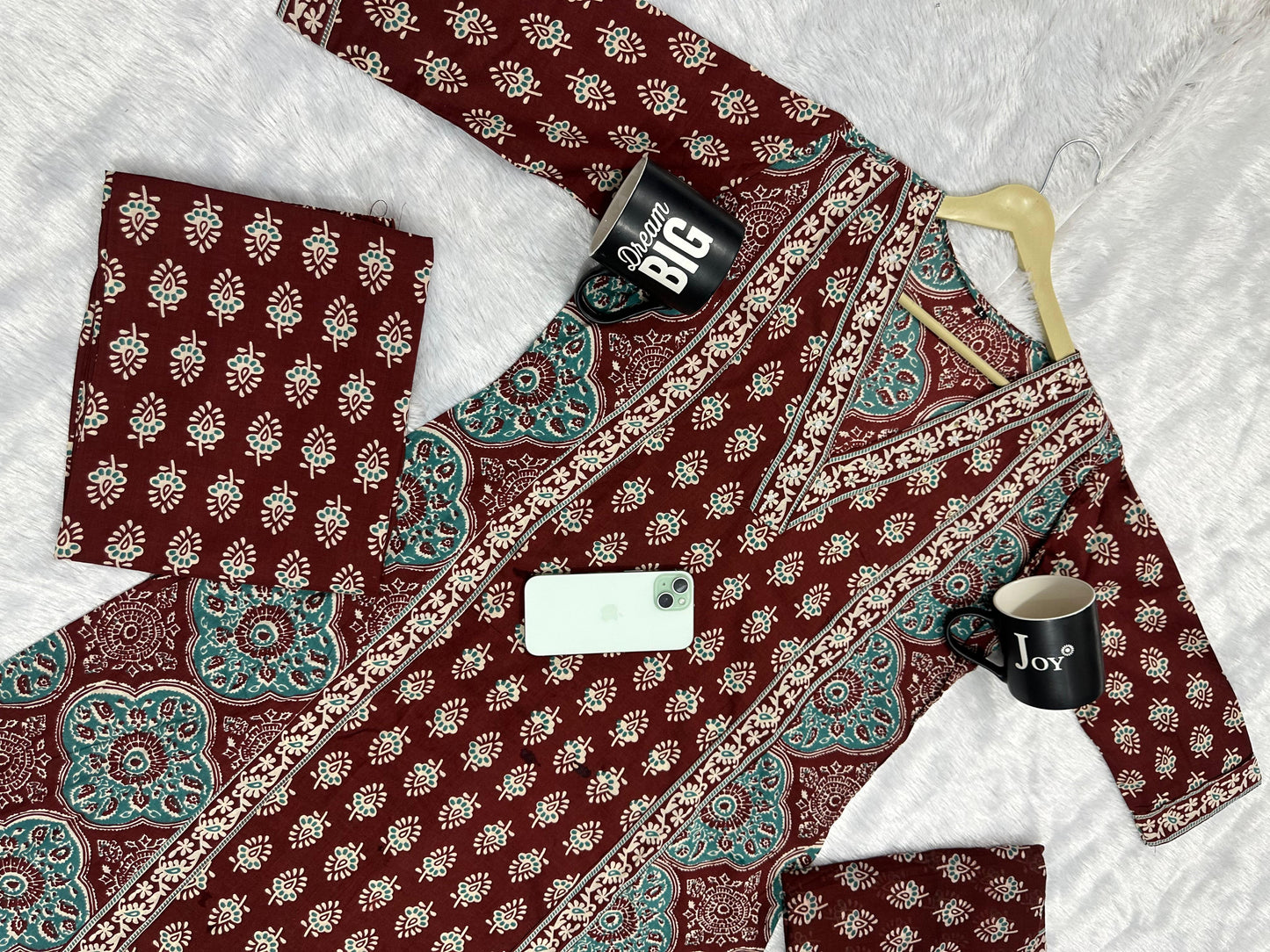 A-Line Flared Kurta Set – Saganeri Print with Adda Work | Maroon