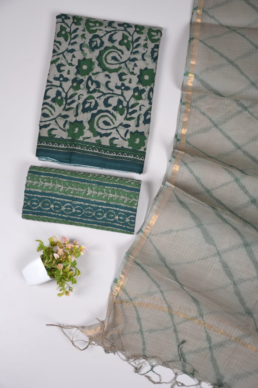 Premium Sanganeri Printed Cotton Suit With Kota Doria Duppta(BFCOTKD17)