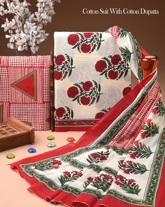 Exclusive Hand Block Cotton Suit With Cotton Dupatta(BFCOT130)