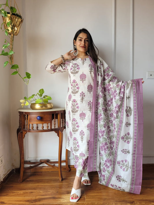 Off-White & Lavender Hand Block Printed Cotton Suit for Women