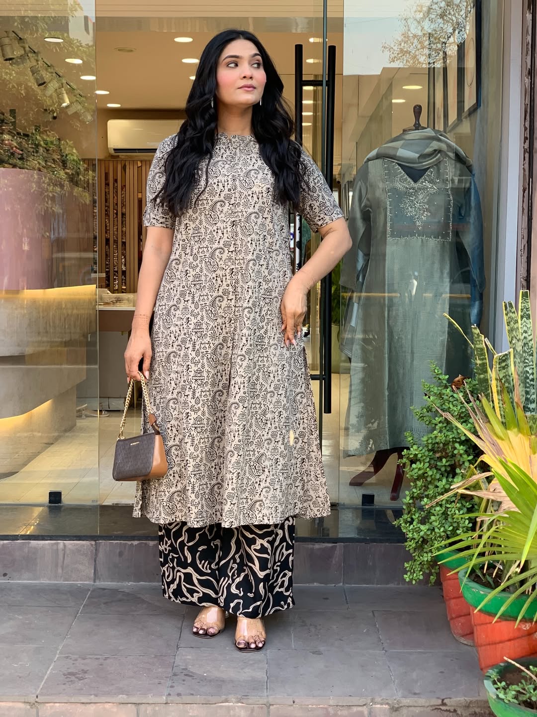 Beige & Black Warli Print Cotton A-Line Kurta Wide Palazzo Set