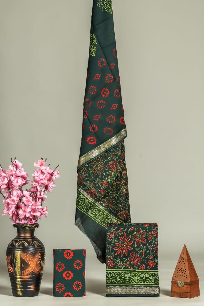 Premium Hand Block Printed Maheshwari Silk Suit (BFMAH01)