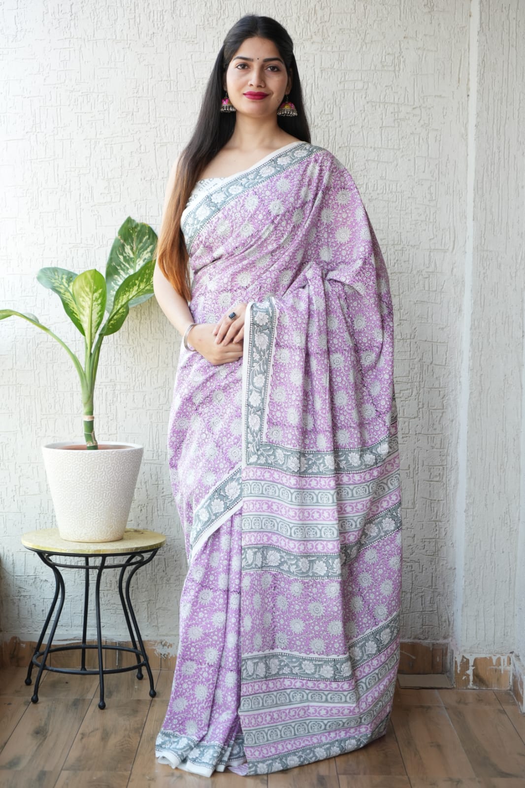 Lavender Printed Cotton Saree – Soft Cotton Saree for Women (BFCS46)