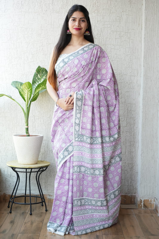 Lavender Printed Cotton Saree – Soft Cotton Saree for Women (BFCS46)
