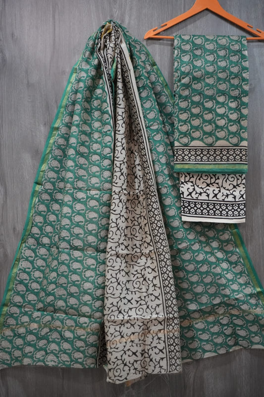 Emerald Green & White Paisley Butti Hand Block Print Chanderi Silk Dress Material (BFCHS46)