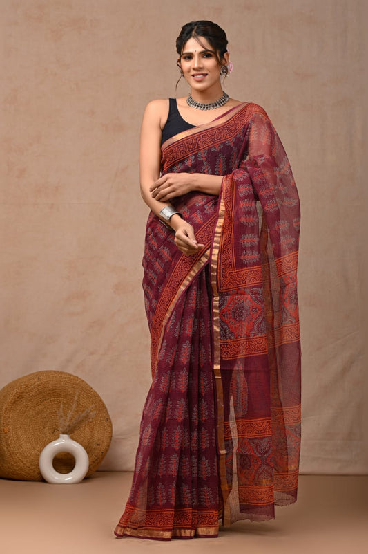 Deep Maroon Purple Kota Doriya Saree | Ajrak All-Over Hand Block Print  (BFKS68)