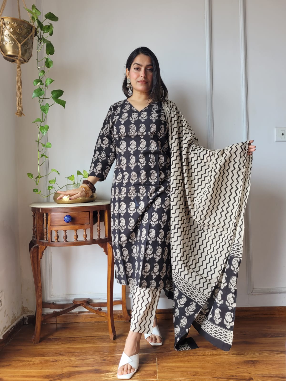 Charcoal Black Hand Block Printed Cotton Suit for Women