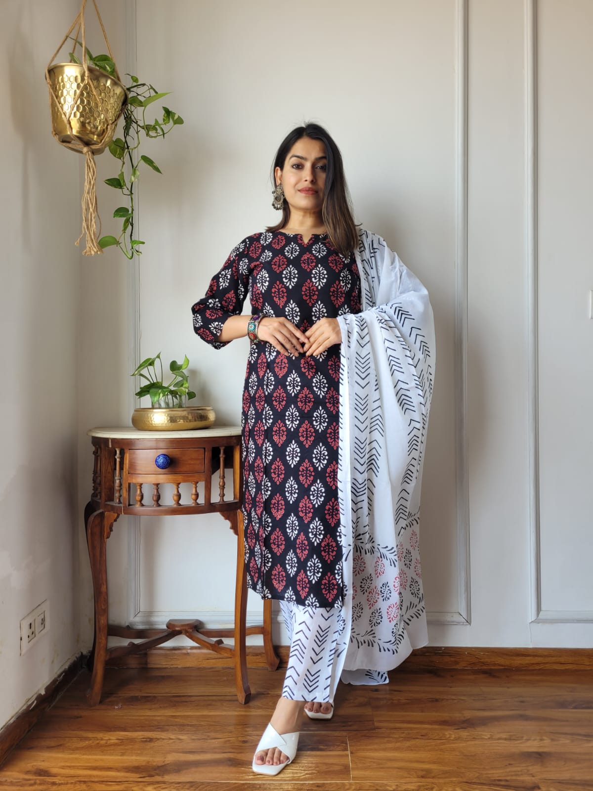 Black & White Hand Block Printed Cotton Suit for Women