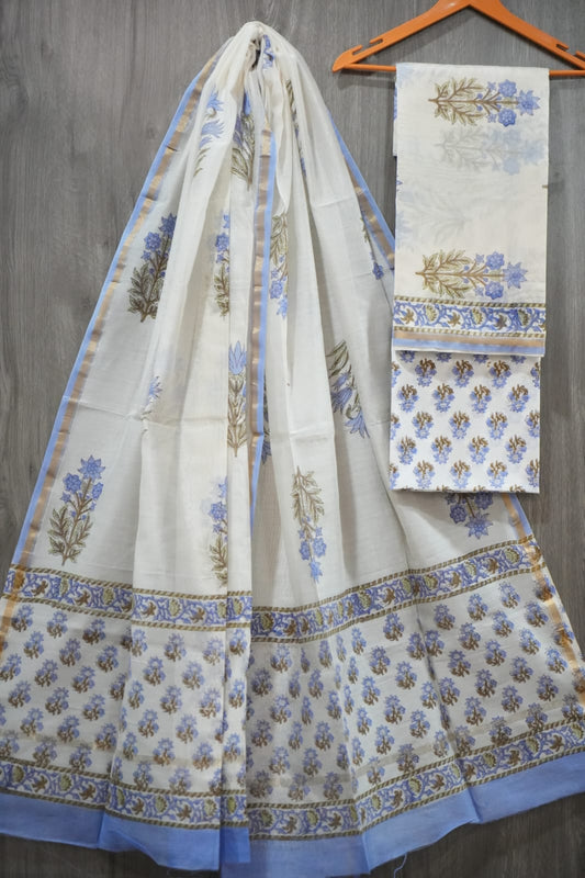 White & Sky Blue Sparse Floral Butti Hand Block Print Chanderi Silk Dress Material (BFCHS47)