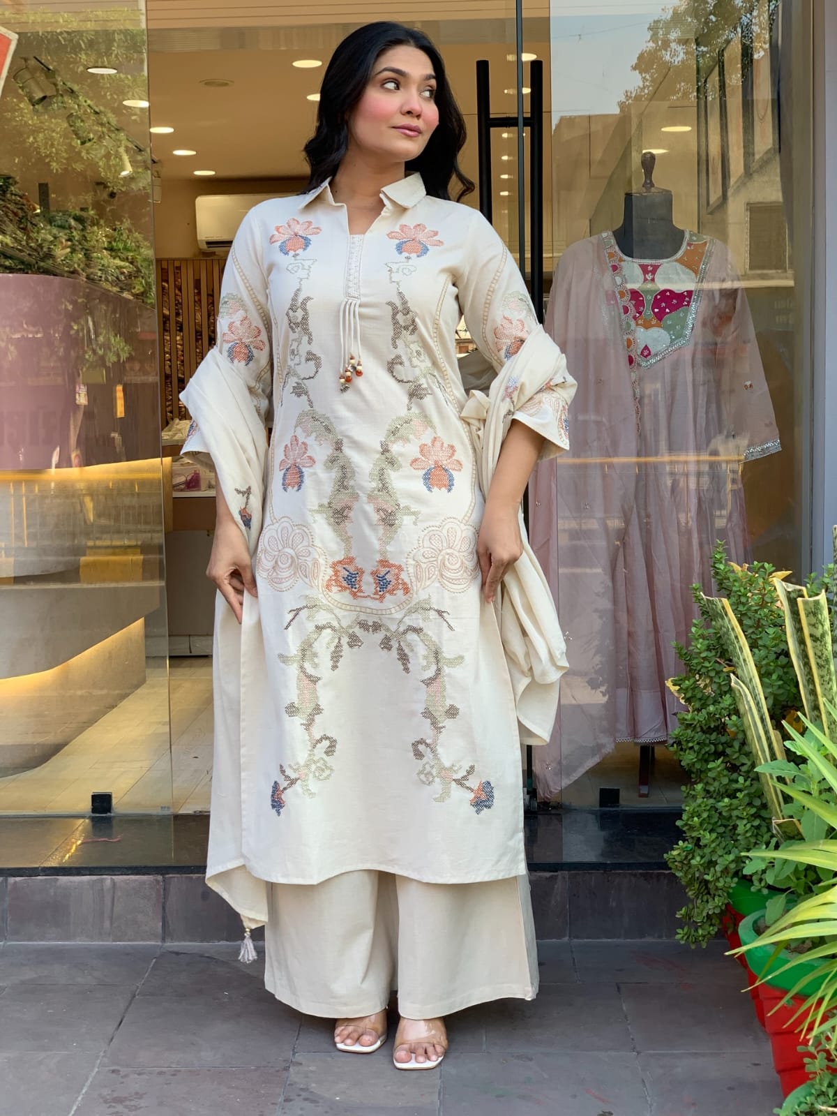 Cream Cotton Flex Kurti Set with Palazzo & Mul Mul Dupatta