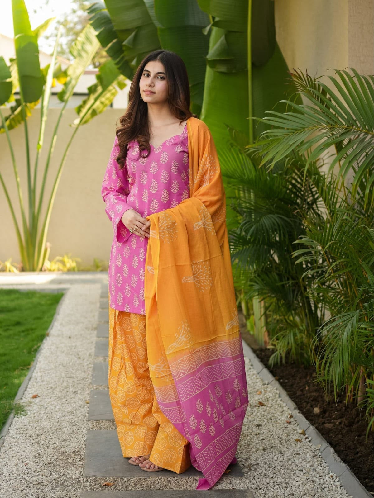 Pink & Mustard Printed Cotton Farshi Pant Suit for Women
