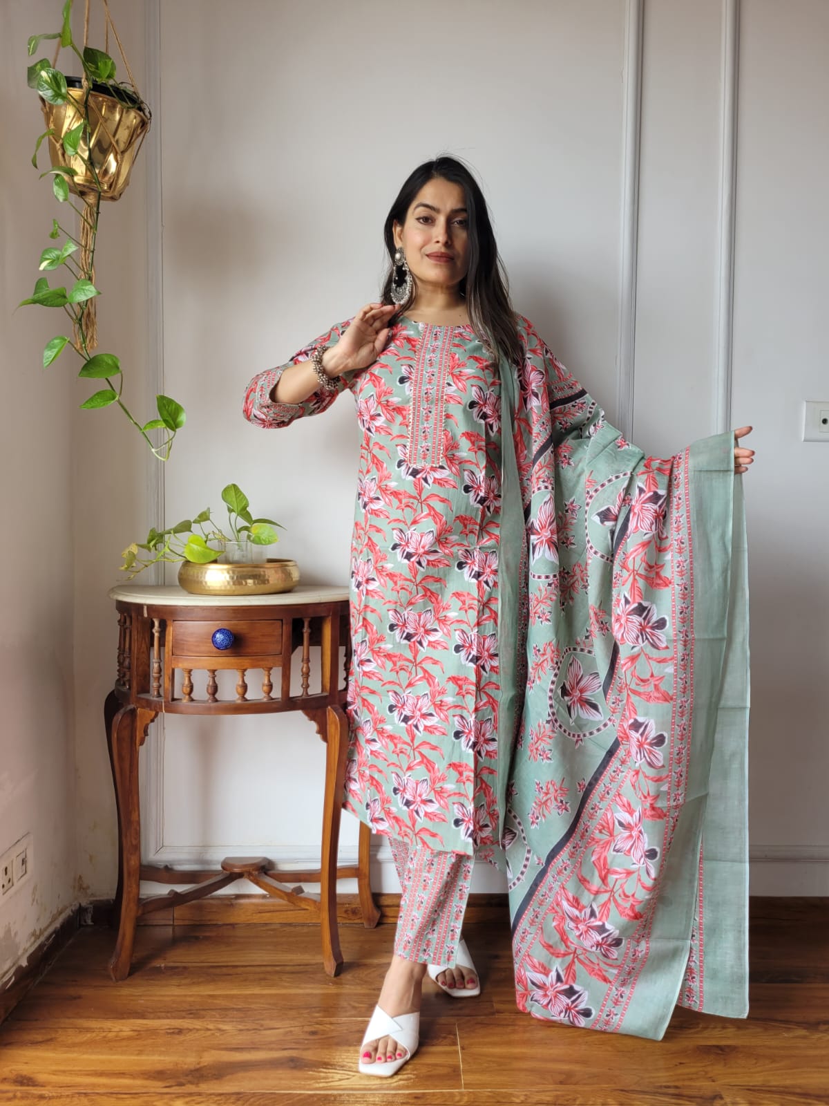 Sage Green Hand Block Printed Cotton Suit for Women