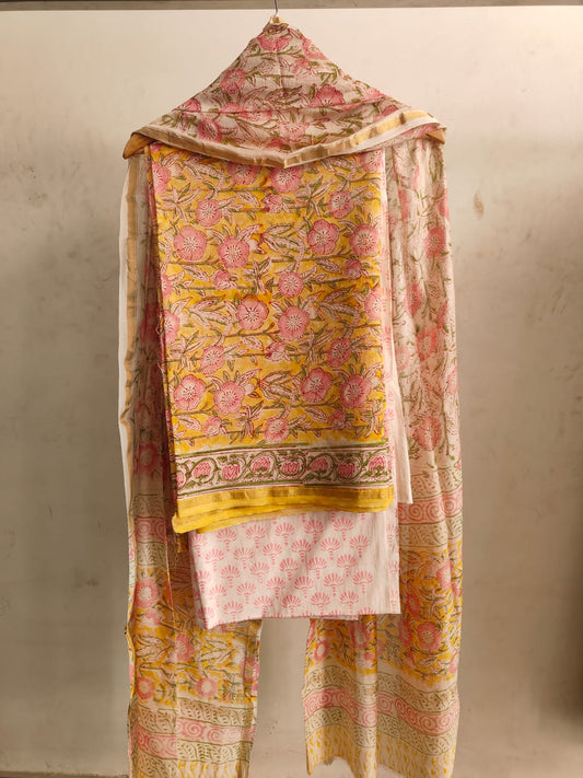 Yellow & Pink Large Floral Hand Block Print Chanderi Silk Dress Material  (BFCHS16)