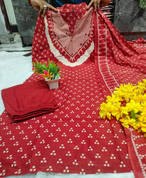 Maroon Discharge Print Cotton Kurti Pant Dupatta Set