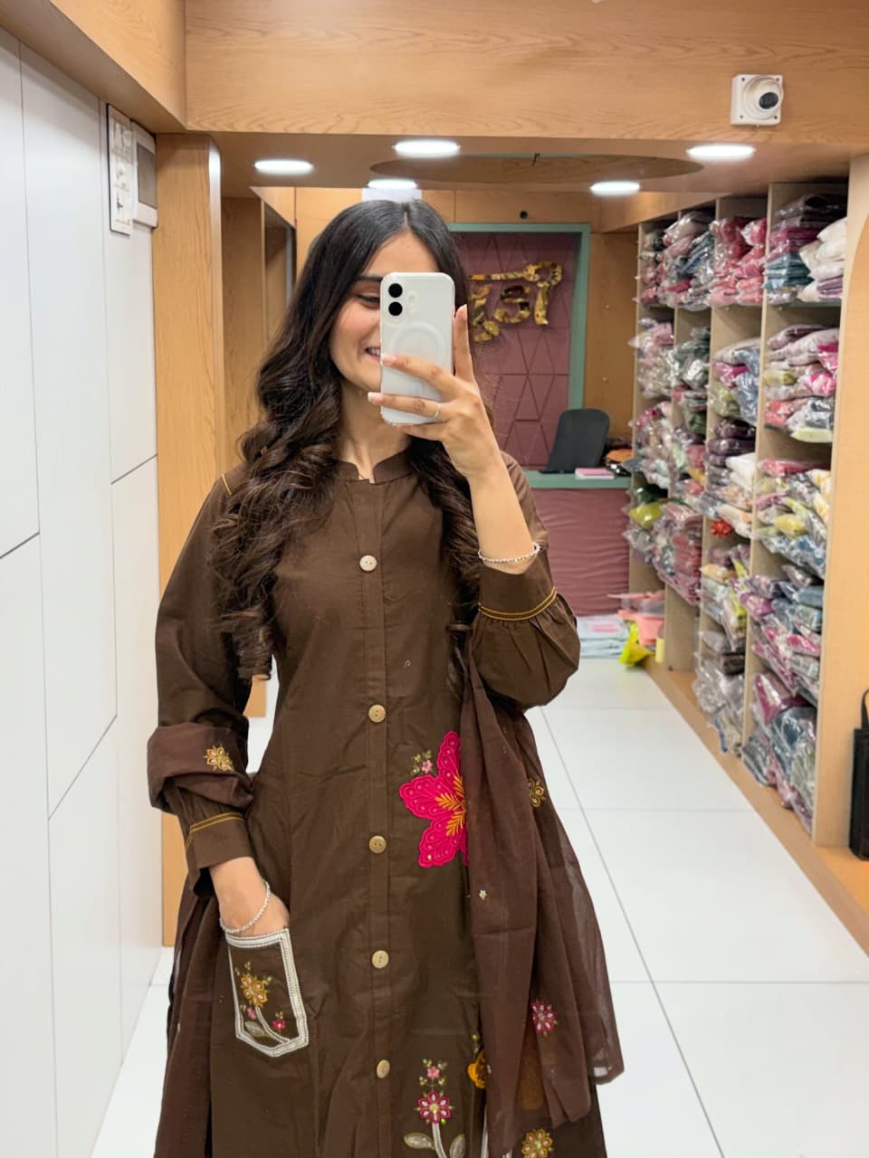 Coffee Brown Cotton Kurta Pant Dupatta Set | Floral Embroidered Ethnic Suit