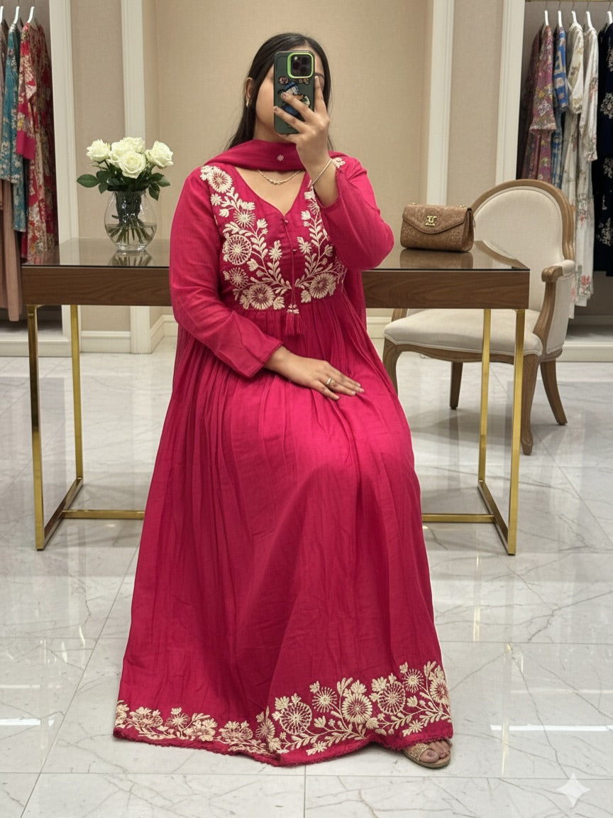 Rani Pink Premium Cotton Anarkali Suit Set with Mirror & Thread Embroidery