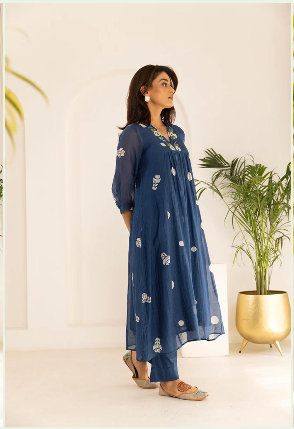 Navy Blue Mul Cotton Polka Dot Kurta Set | Festive 3Pc Suit with Bead Embroidery