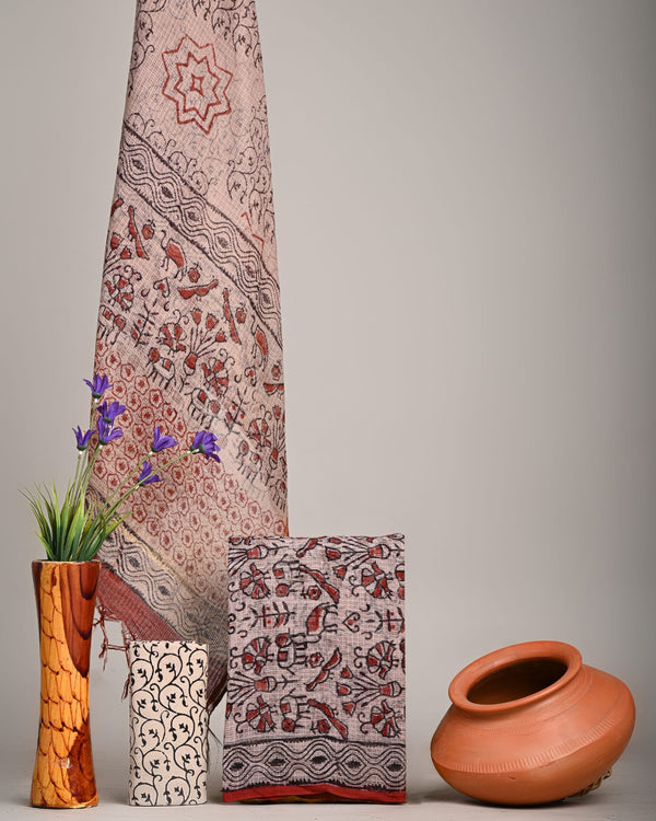Beige Red Handblock Printed kota doriya Fabric (BFFKO54)