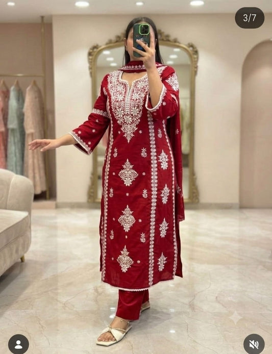 Maroon Red Chikankari Embroidered Cotton Suit Set for Women