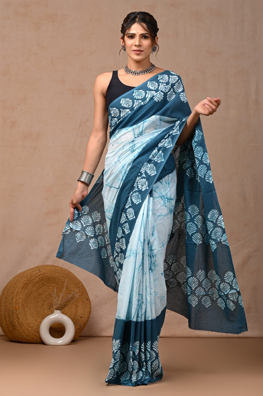 PTraditional Authentic Hand Block Printed Pure Organic Cotton Sarees With matching Blouse