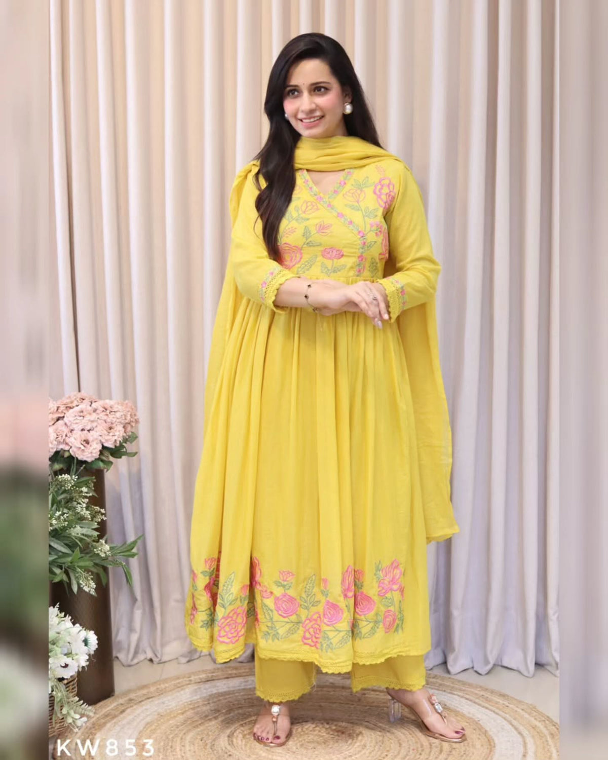 Yellow Floral Embroidered Anarkali Kurta Set for Women