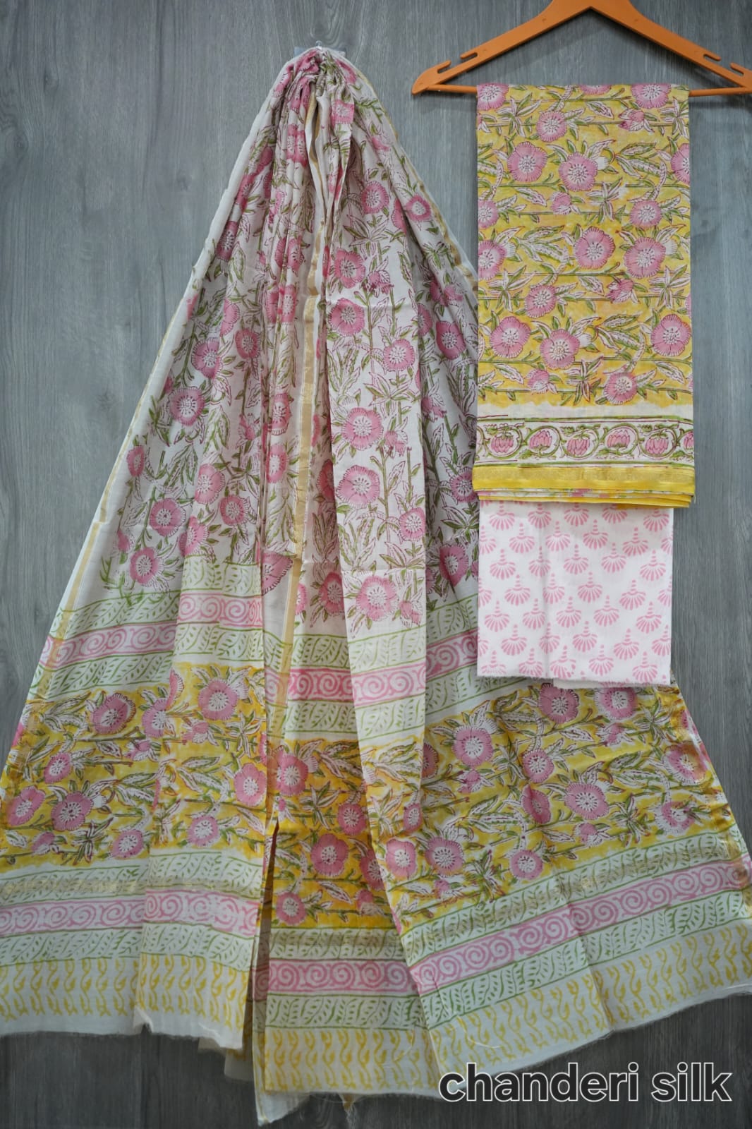 Yellow & Pink Genda Phool Hand Block Print Chanderi Silk Dress Material (BFCHS13)