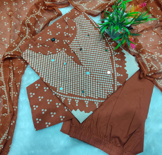 Rust Discharge Print Cotton Kurti Pant Dupatta Set