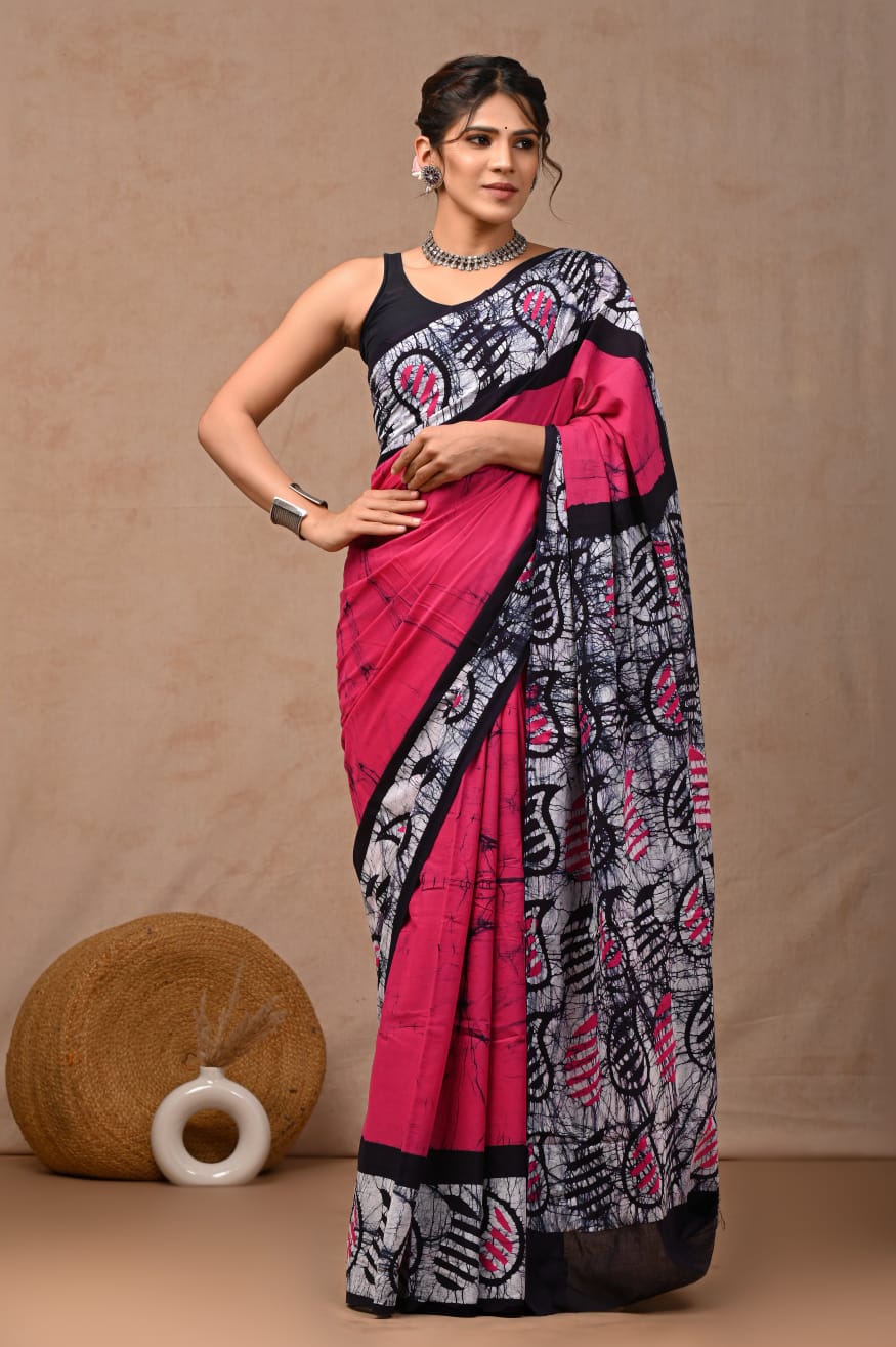 Pink Black Hand Block Printed Cotton Saree with Blouse  (BFCS87)