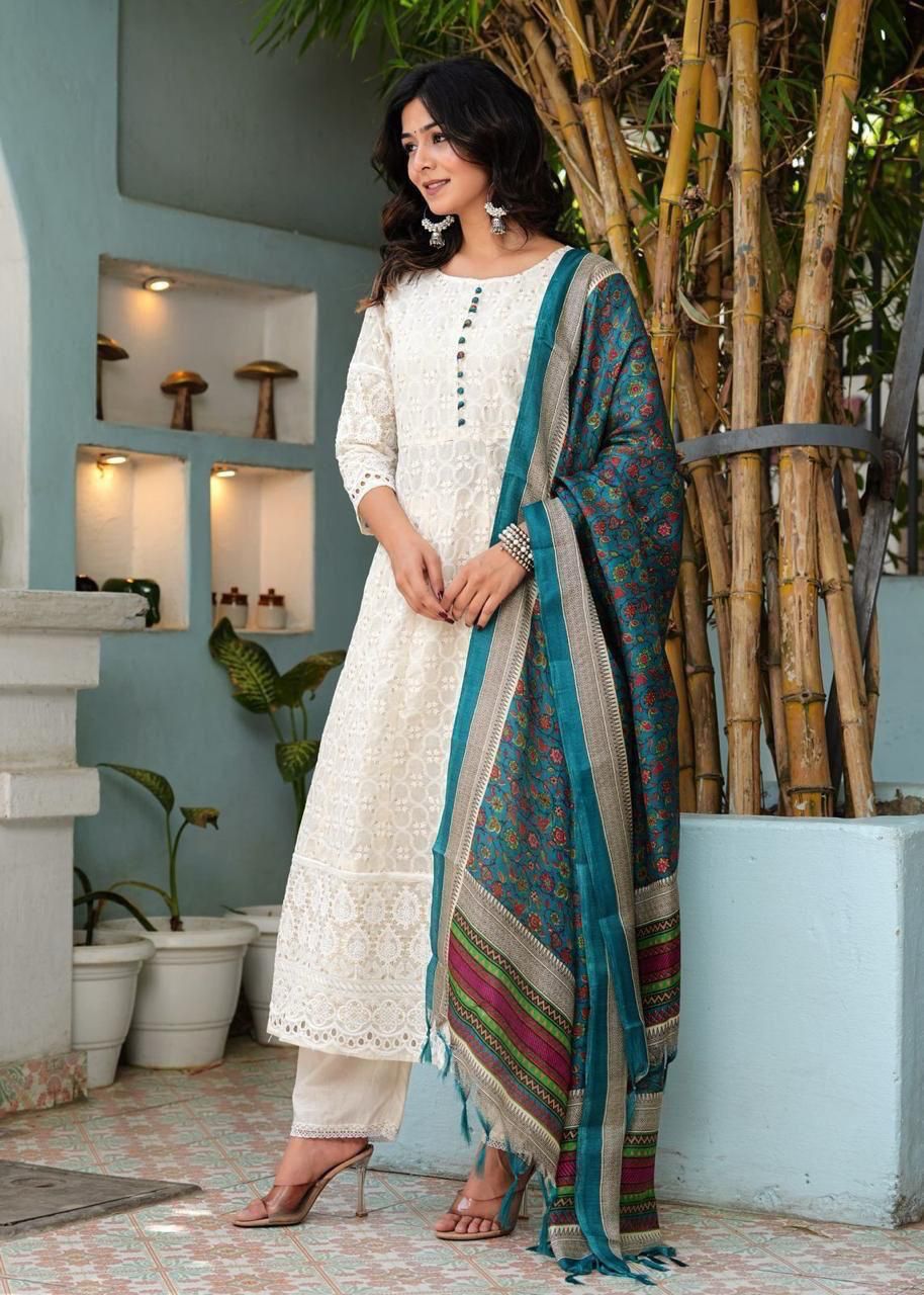 *New Chikankari Design Set*

 *Trust our new arrivals classic comfortable chikankari cotton sets in the most beautiful two summer colors*

 *Pure Chikankari Anarkali kurti with pant and silk chanderi digital Print dupatta set*