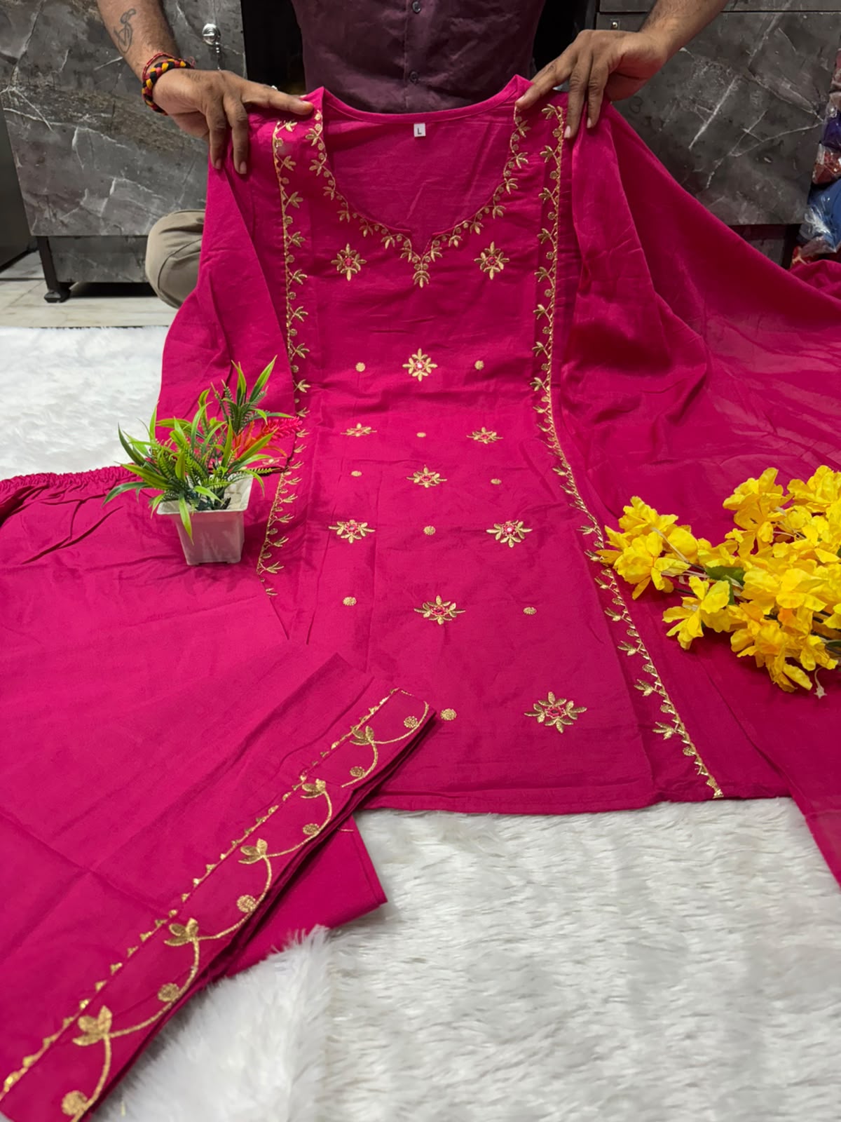 Pink Embroidered Cotton Kurta Palazzo Set with Dupatta
