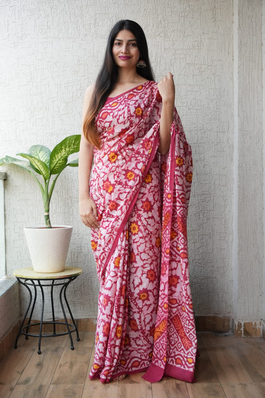 Red Floral Printed Cotton Saree – Soft Cotton Saree for Women (BFCS33)