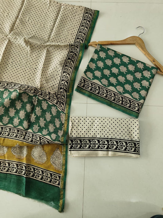 EXCLUSIVE HAND BLOCK CHANDERI SILK SUIT SET WITH CHANDERI DUPATTA