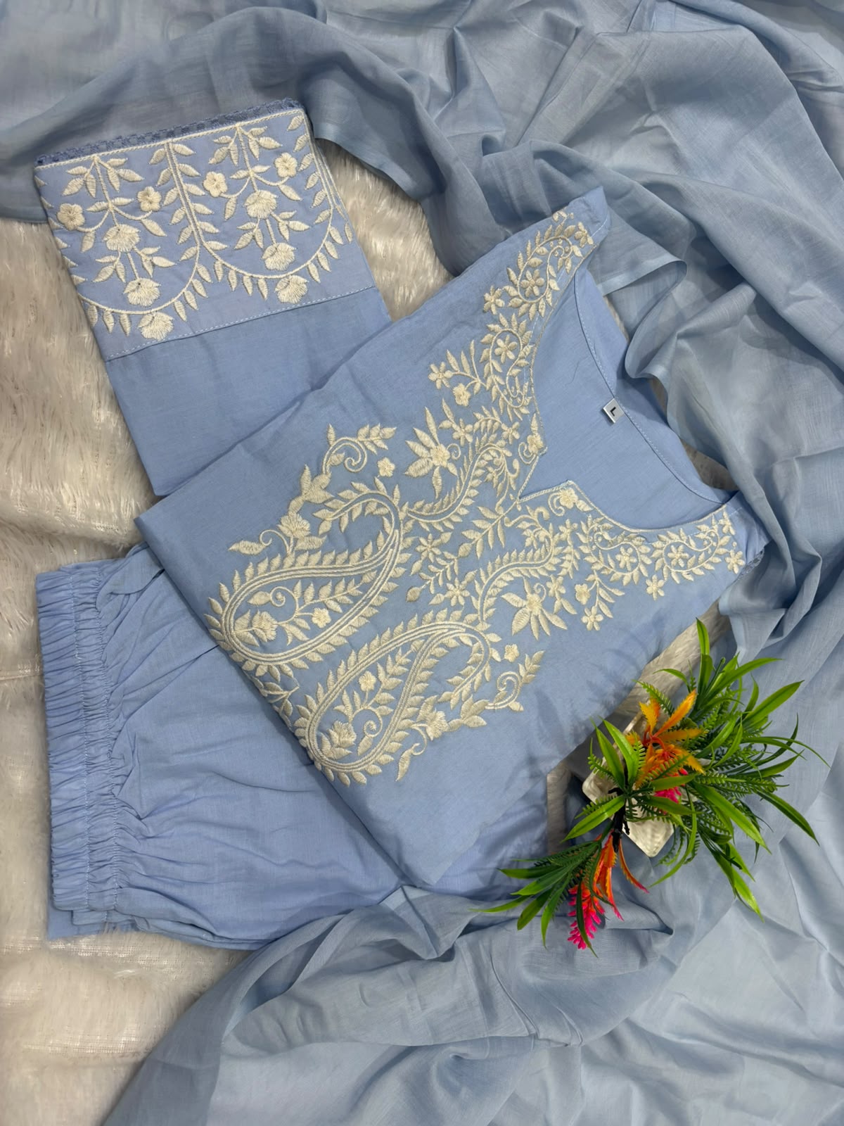 Sky Blue Embroidered Cotton Kurta Pant Set with Dupatta