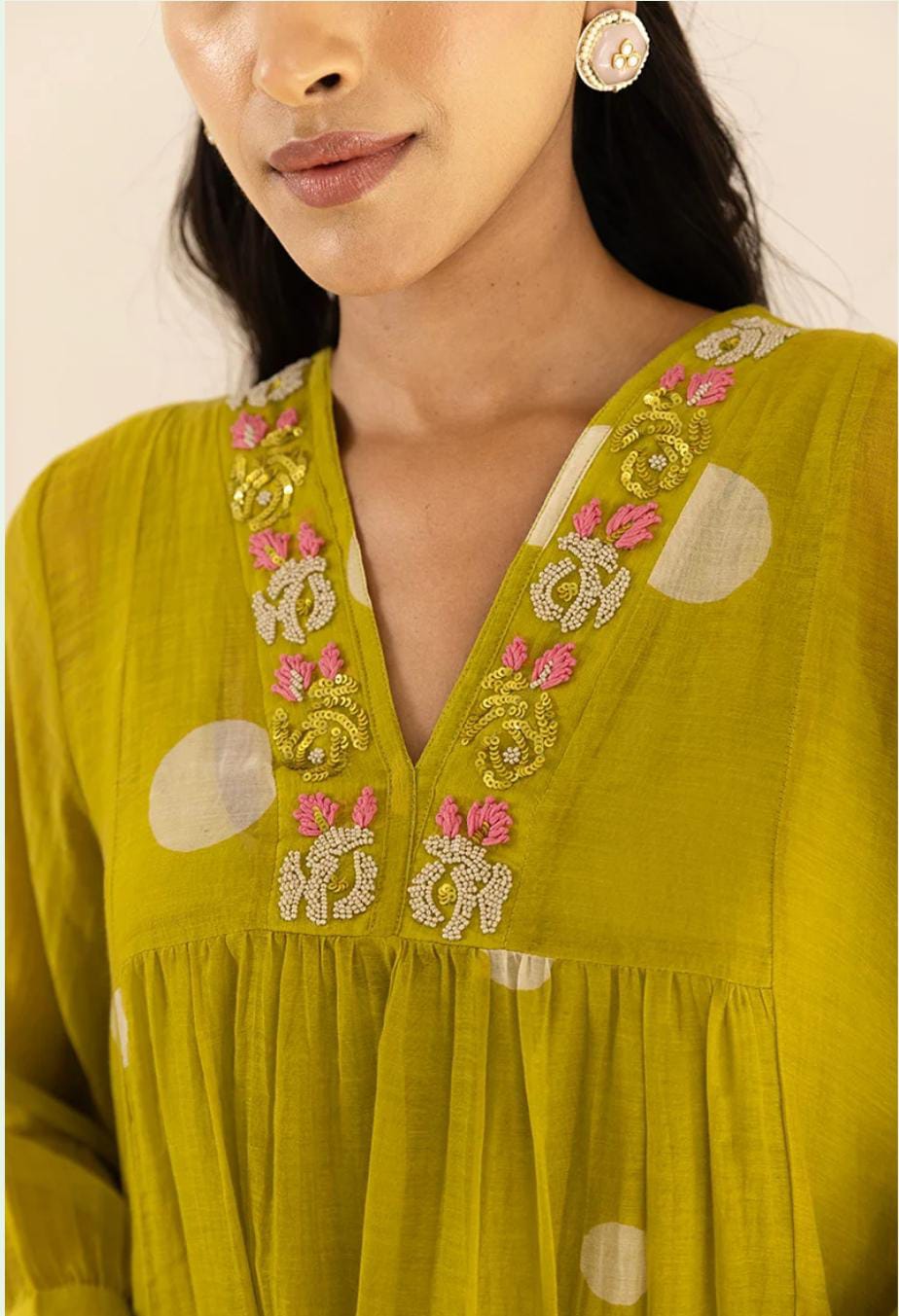 Mustard Yellow Mul Cotton Polka Dot Kurta Set | Festive 3Pc Suit with Bead Embroidery