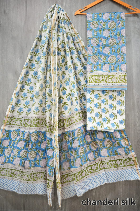 Sky Blue & Olive Green Lotus Floral Hand Block Print Chanderi Silk Dress Material (BFCHS20)