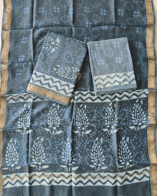 Premium Hand Block Printed Maheshwari Silk Suit(BFMAH83)