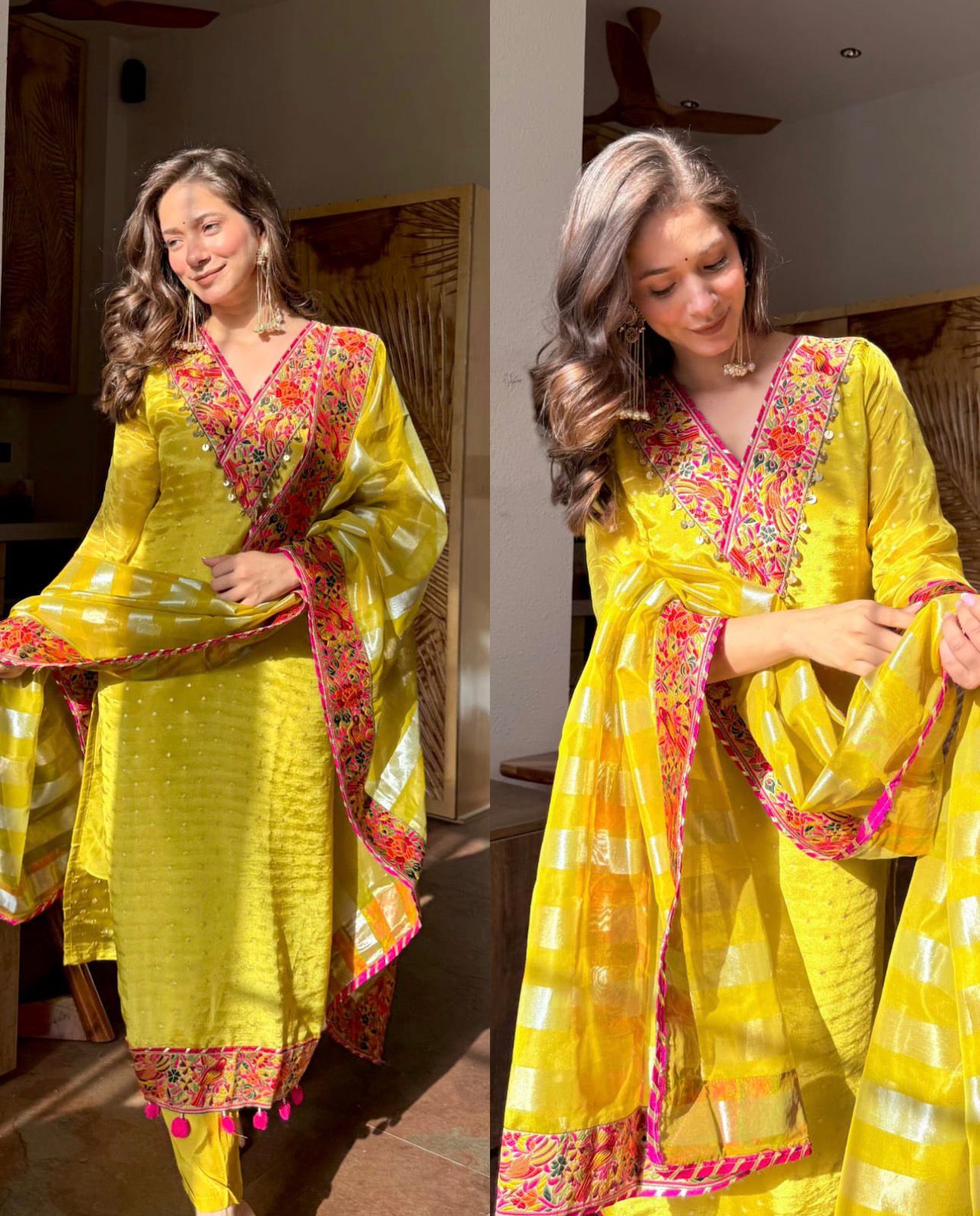 Yellow Chanderi Jacquard Embroidered Kurta Set with Dupatta
