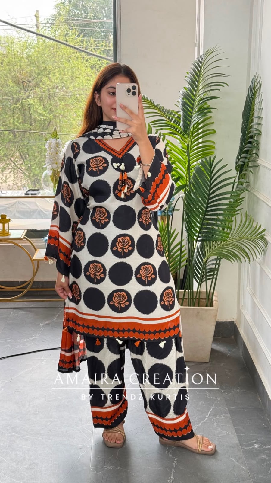 Black & Rust Polka Dot Floral Print Cotton Farshi Pant Suit Set for Women