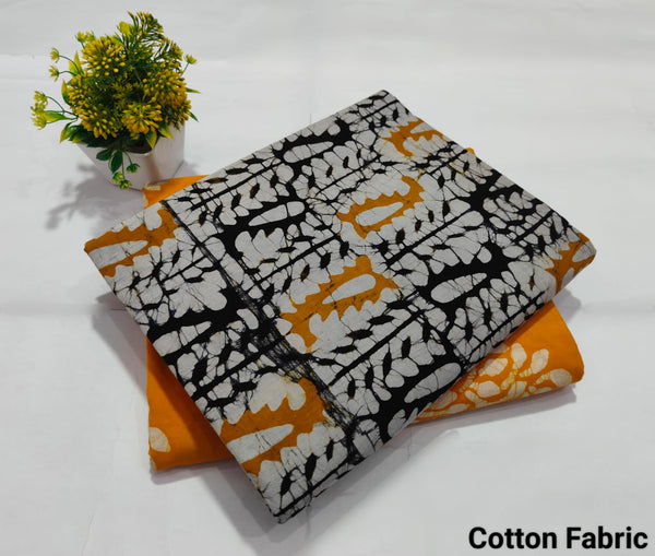 Mustard Black Tie Dye Cotton Fabric – Stylish Handblock Pattern Dress Material (BFTB104)