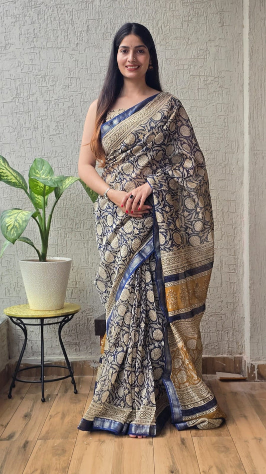 New Designer Hand Block Print Maheshwari Silk Saree (BFMSARE76)