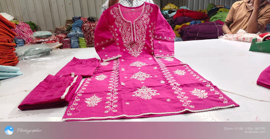 Rani Pink Chikankari Embroidered Cotton Suit Set for Women