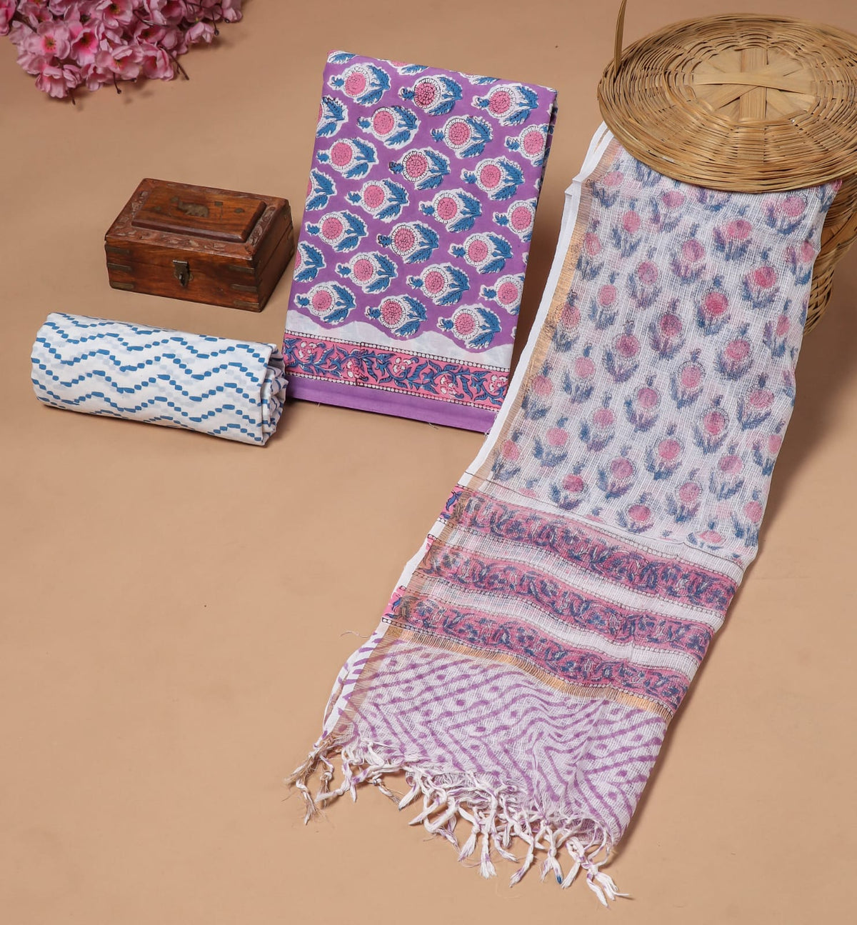 Premium Sanganeri Printed Cotton Suit With Kota Doria Duppta(BFCOTKD46)
