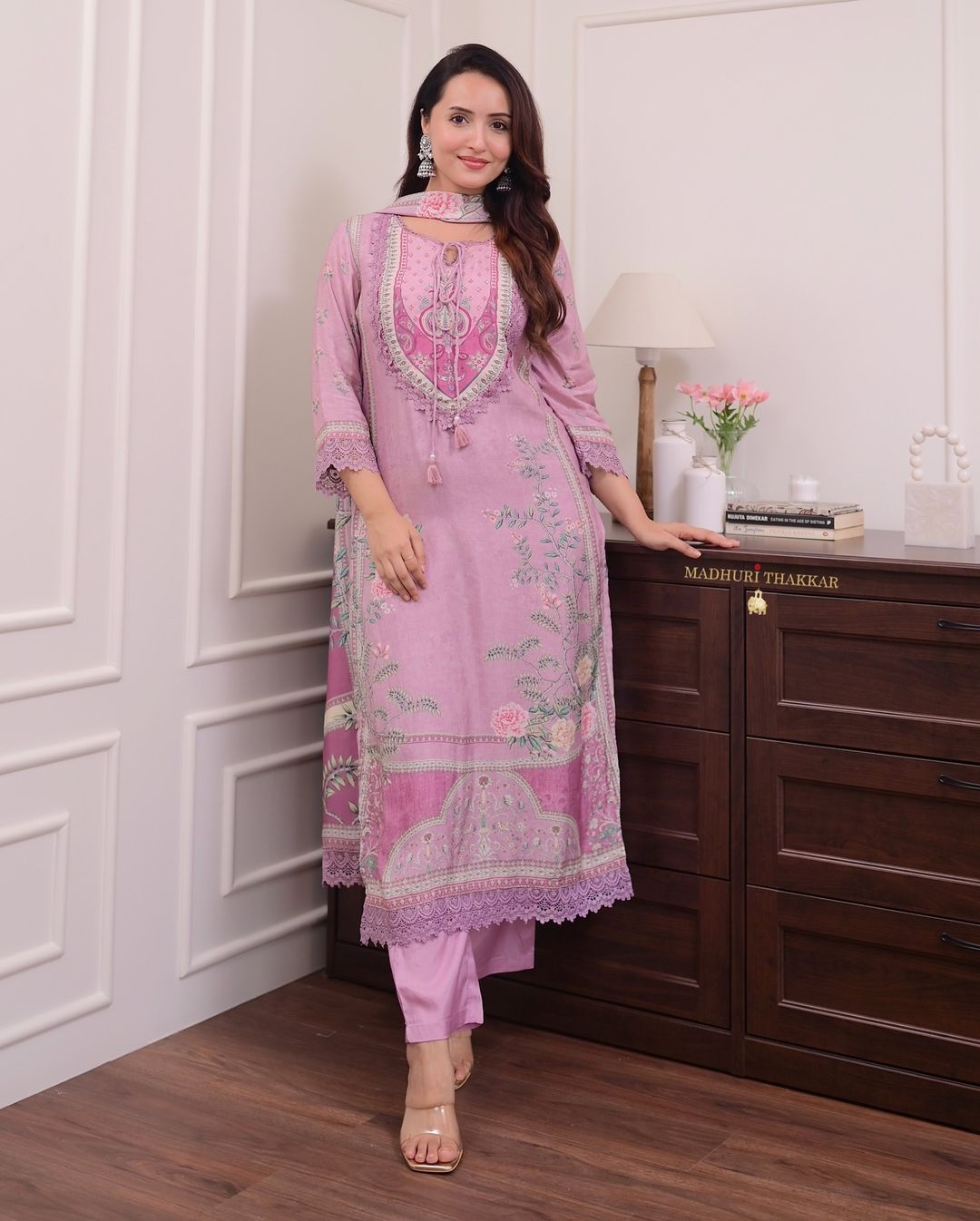 Mauve Pink Floral Print Premium Muslin Suit Set | Lace Border Handwork Festive Wear