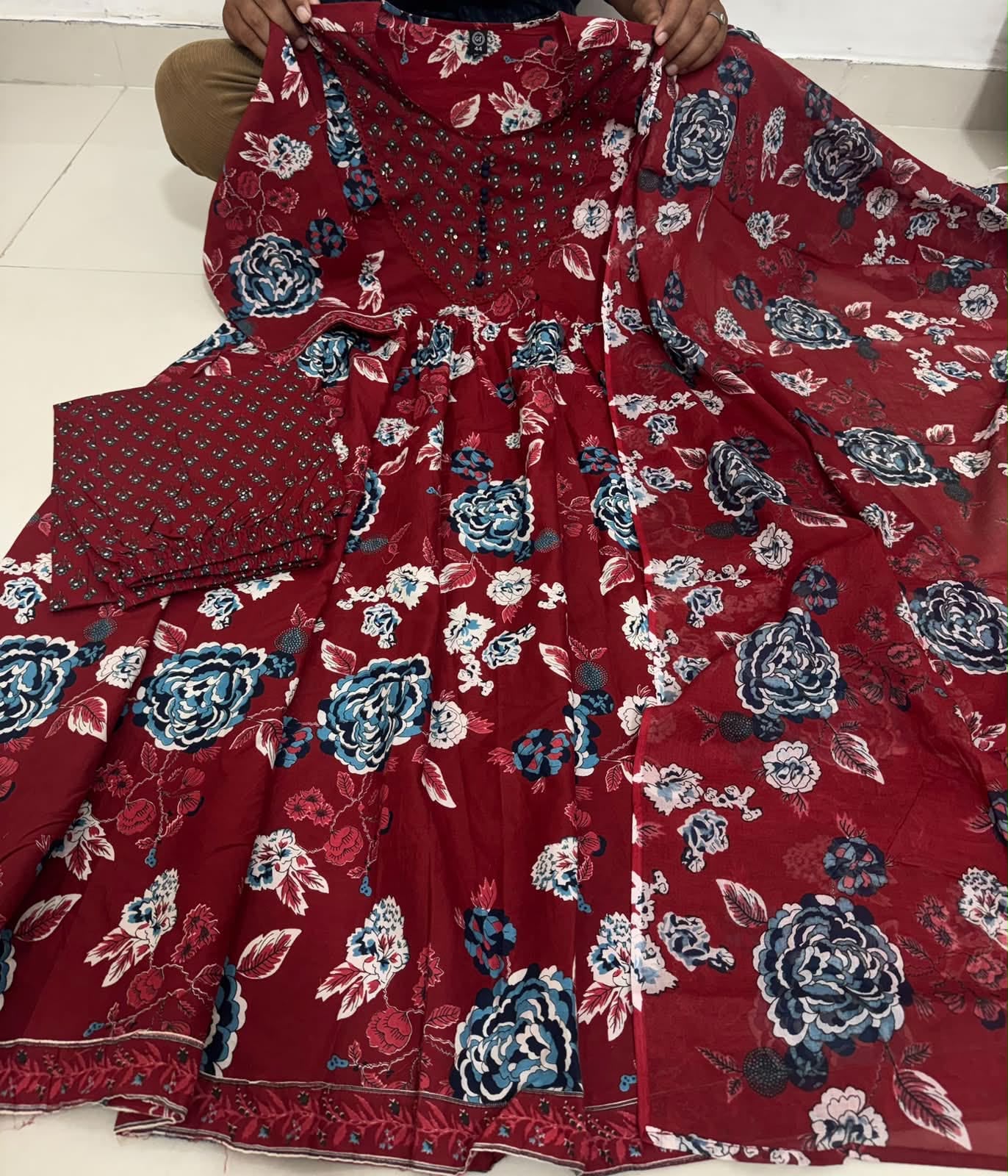 Maroon Red Floral Print Anarkali Kurta Pant Dupatta Set