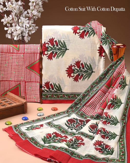 Exclusive Hand Block Cotton Suit With Cotton Dupatta(BFCOT134)