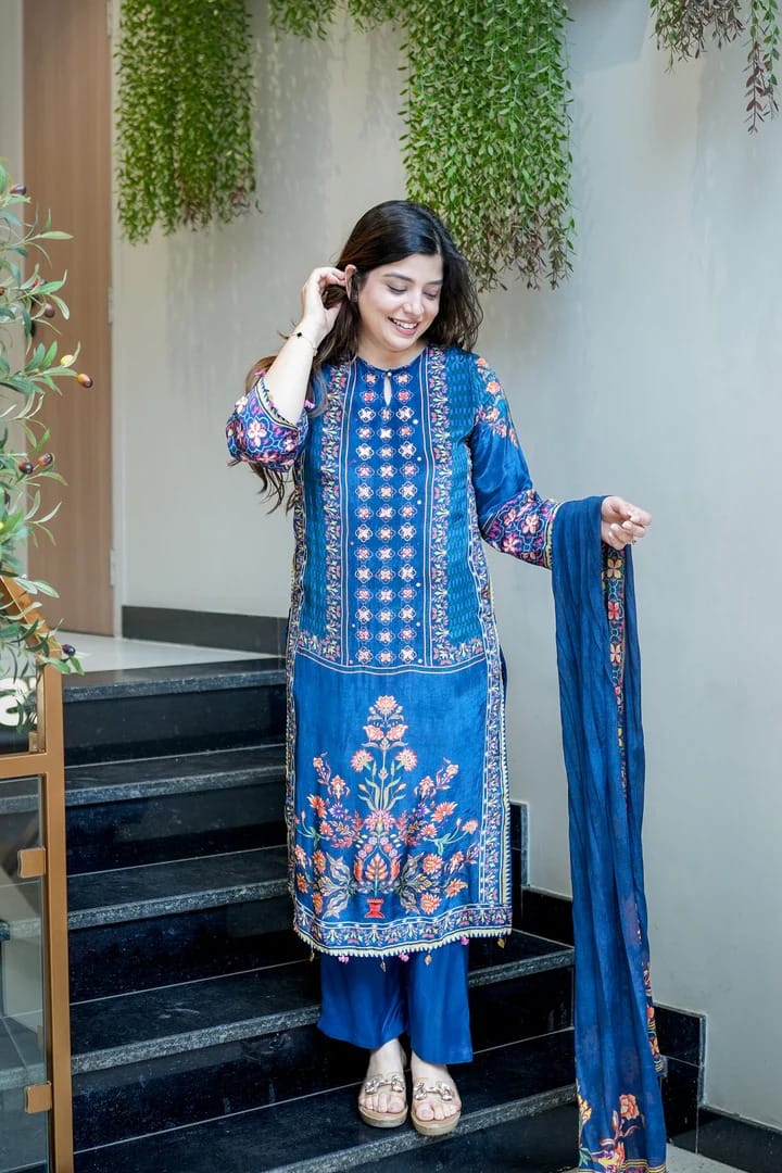 Blue Ethnic Floral Print Premium Muslin Suit Set | Multicolour Embroidered Festive Wear