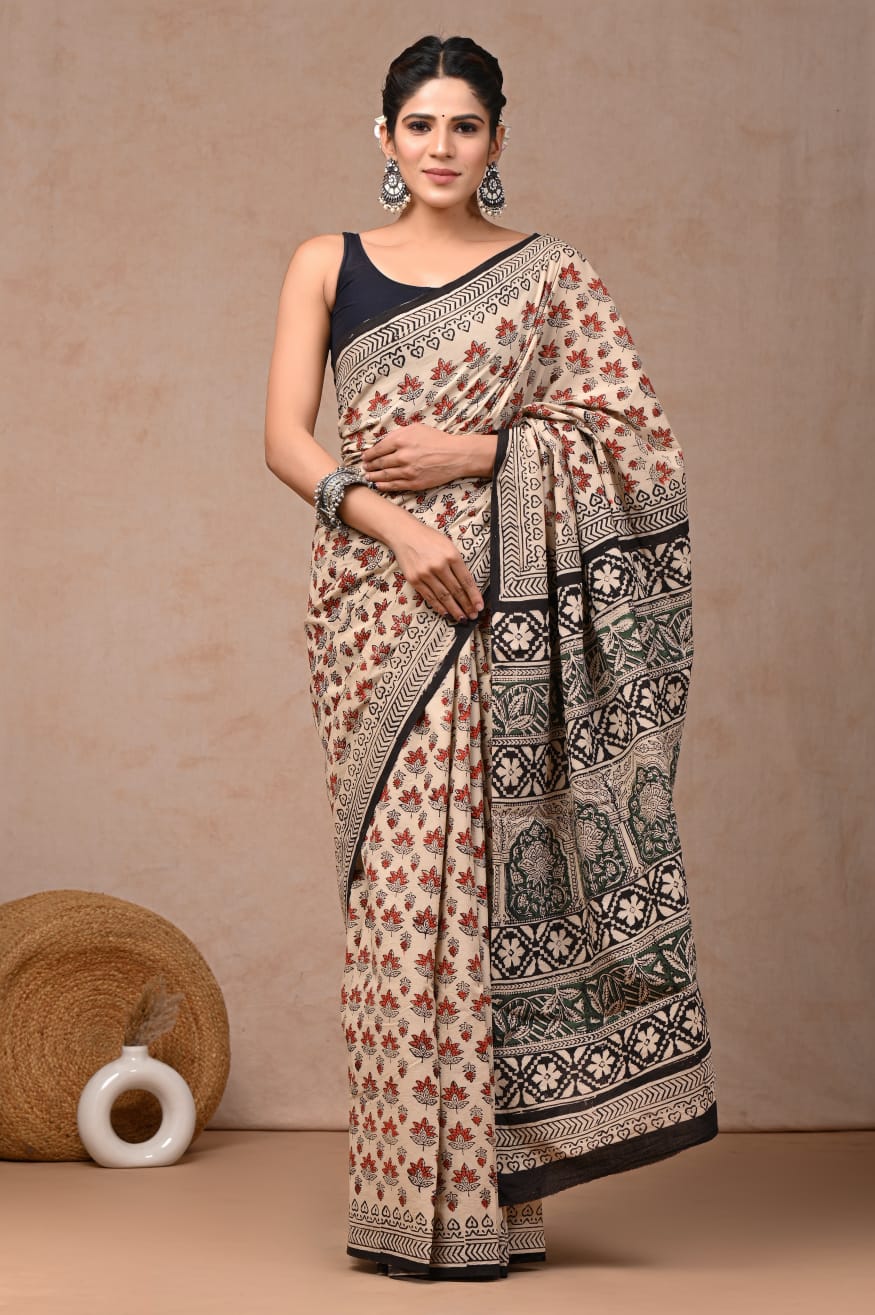 Traditional Authentic Hand Block Printed Pure Organic Cotton Sarees With matching Blouse