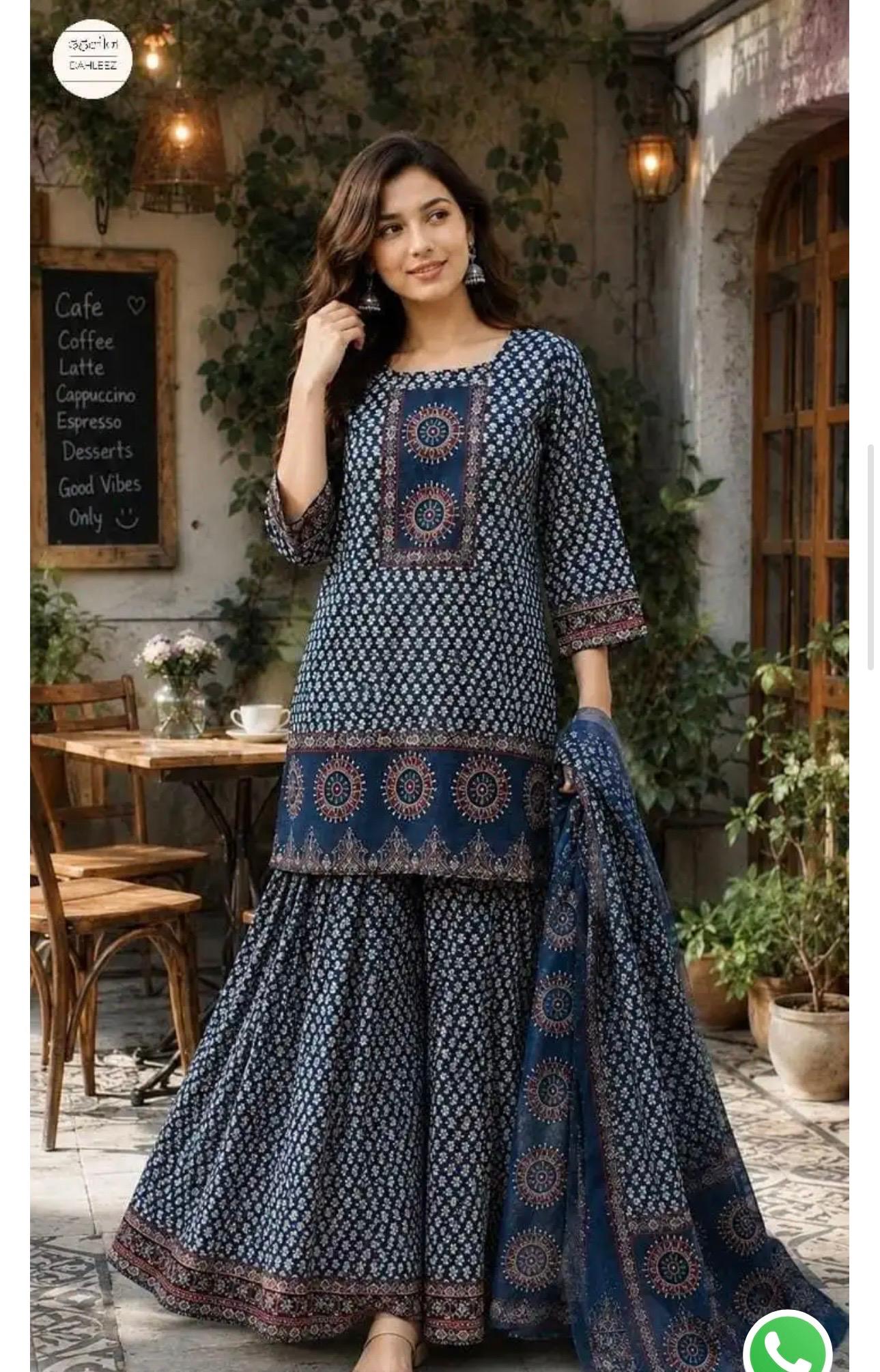 Navy Blue Cotton Printed Gopi Sharara Set | Ajrakh Print Kurti with Dupatta